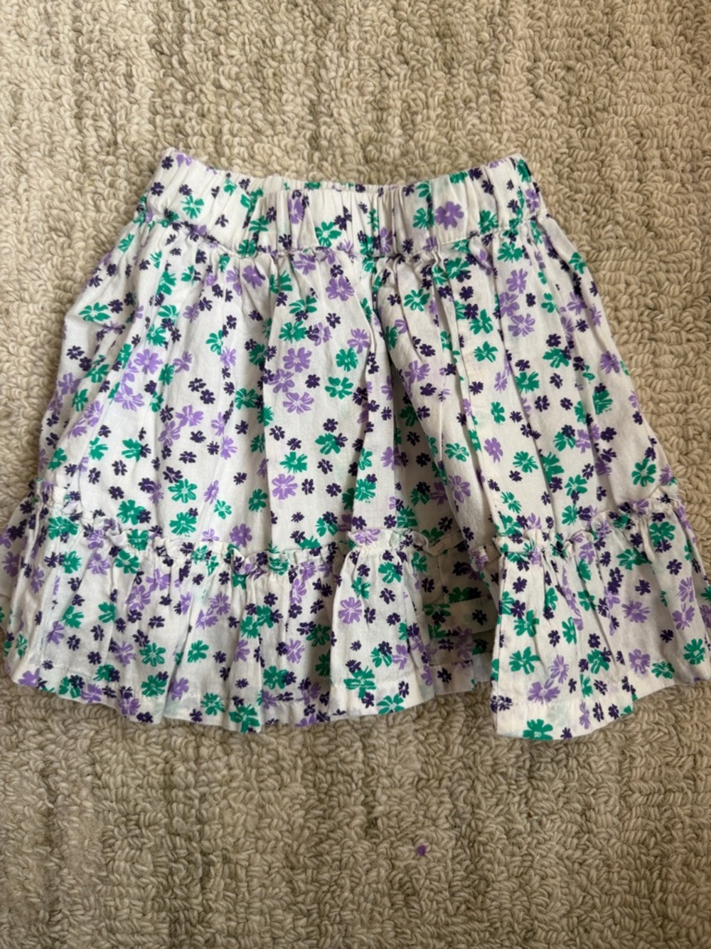 Girls' White Floral Tiered Skirt with Purple & Green Print